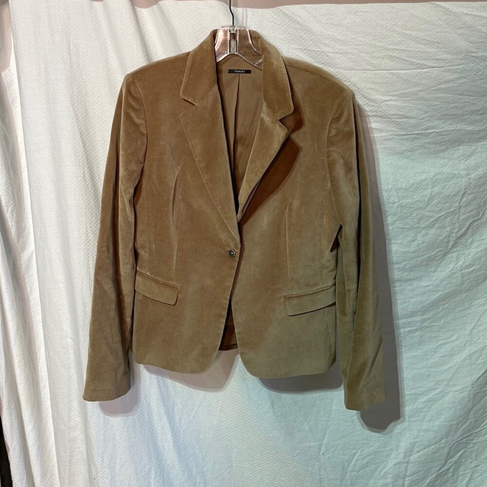Tahari 12 tan velvet one button blazer fitted shaped style cotton spandex euc
